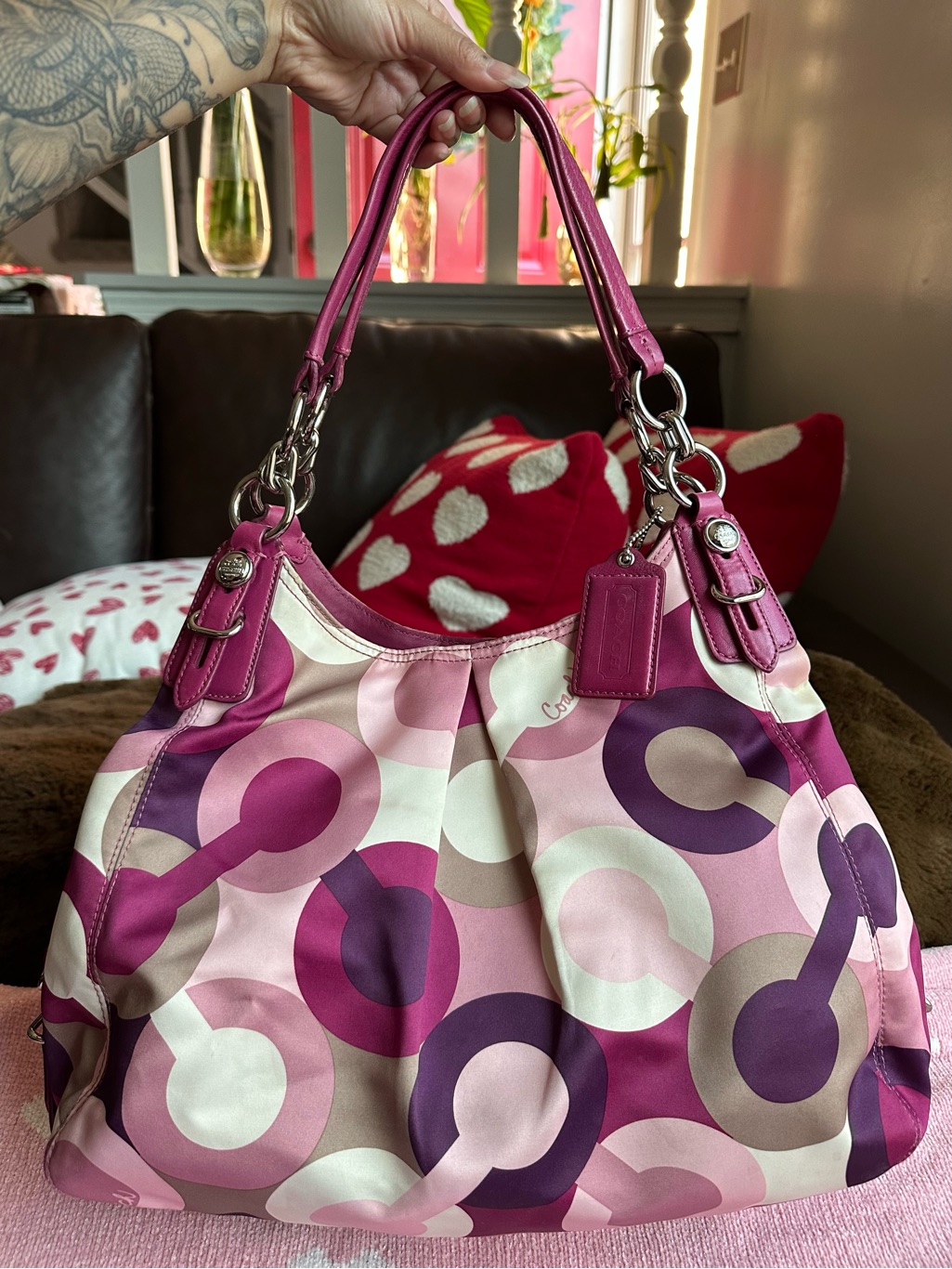 Coach Pink And Purple Signature Circle-Print Hobo Bag